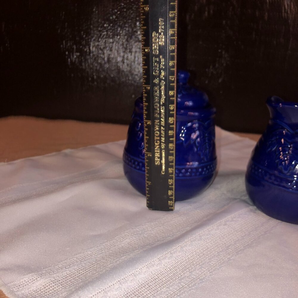 Cobalt Blue Ceramic Creamer Pitcher & Sugar Set featuring embossed fruit design - Picture 6 of 9
